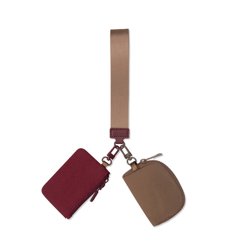 Marisa Alternative Nylon Dual Pouch Wristlet Strap Wallet - Wine & Caramel